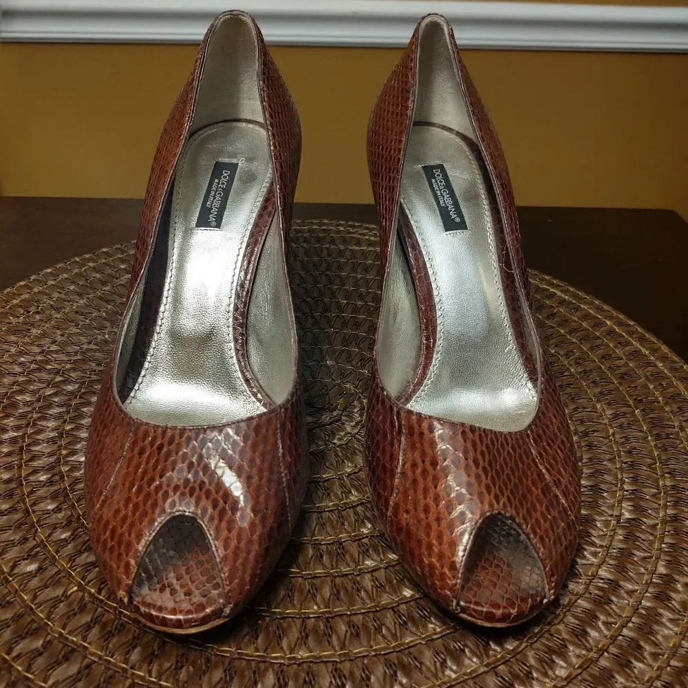 Dolce and Gabbana Snakeskin Peep Toe Heels Size 39